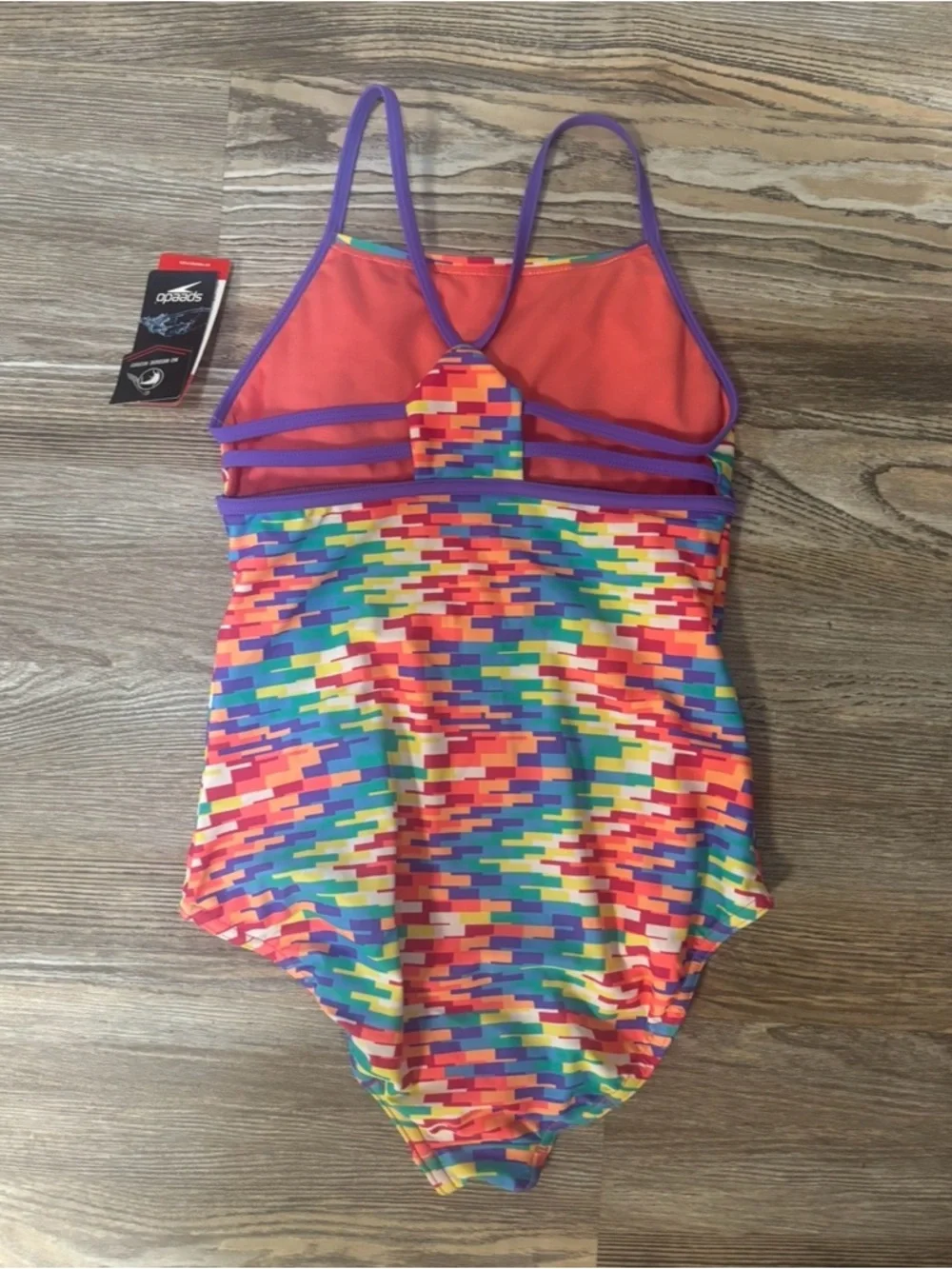 Speedo Girls' Bright Multi-Color Pixel Print One-Piece with Purple Trim